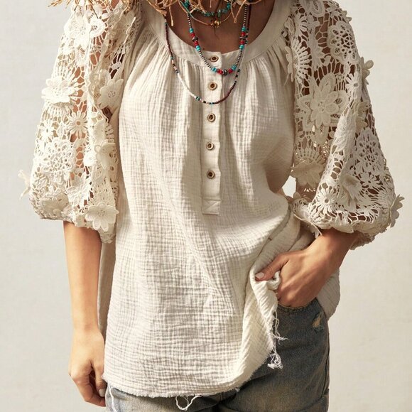 White Boho Women's Bohemian Plain Woven Loose Front Button Blouse - Picture 6 of 7